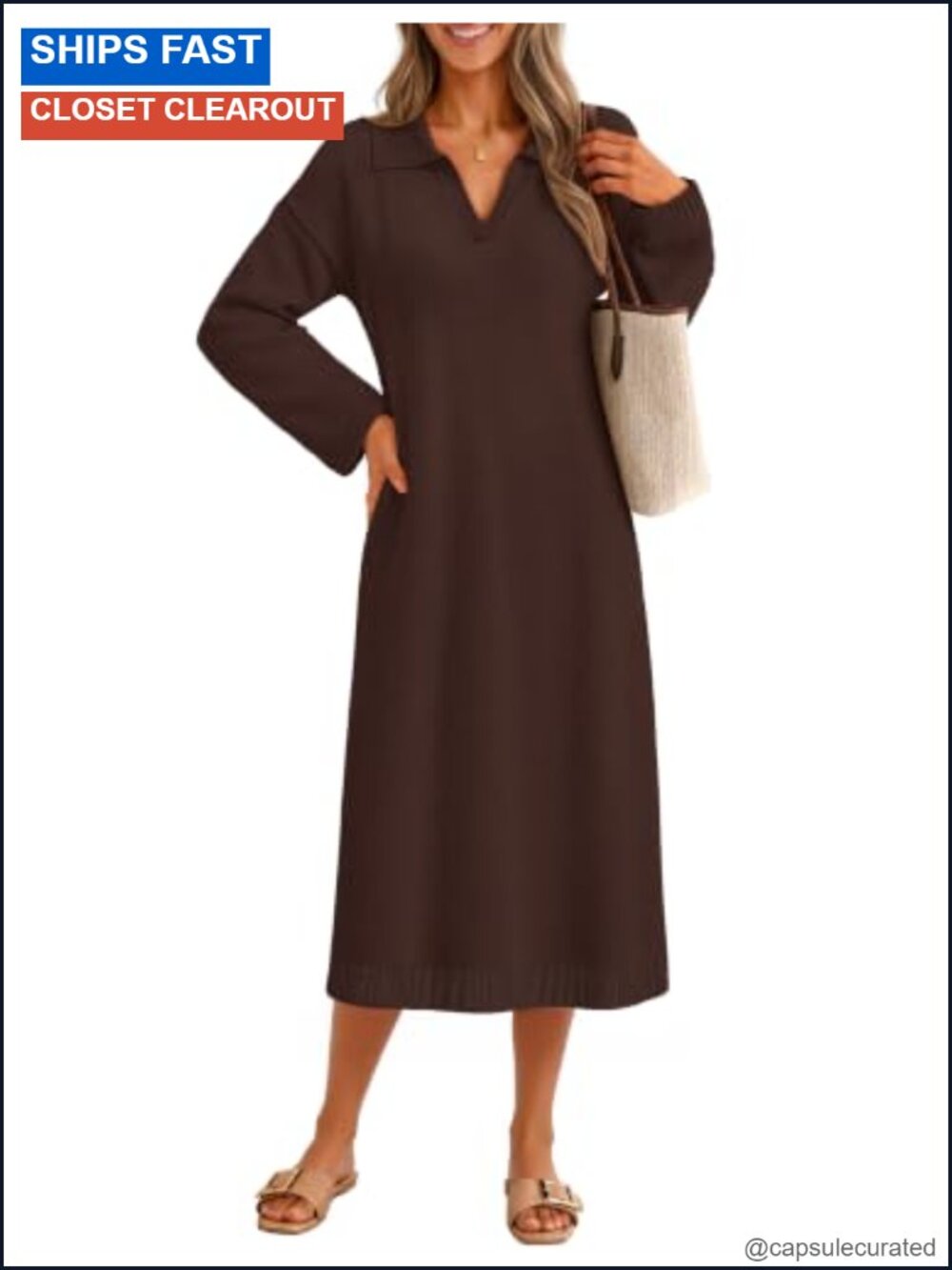 Women's Long Sleeve Midi Sweater Dress V Neck Knit